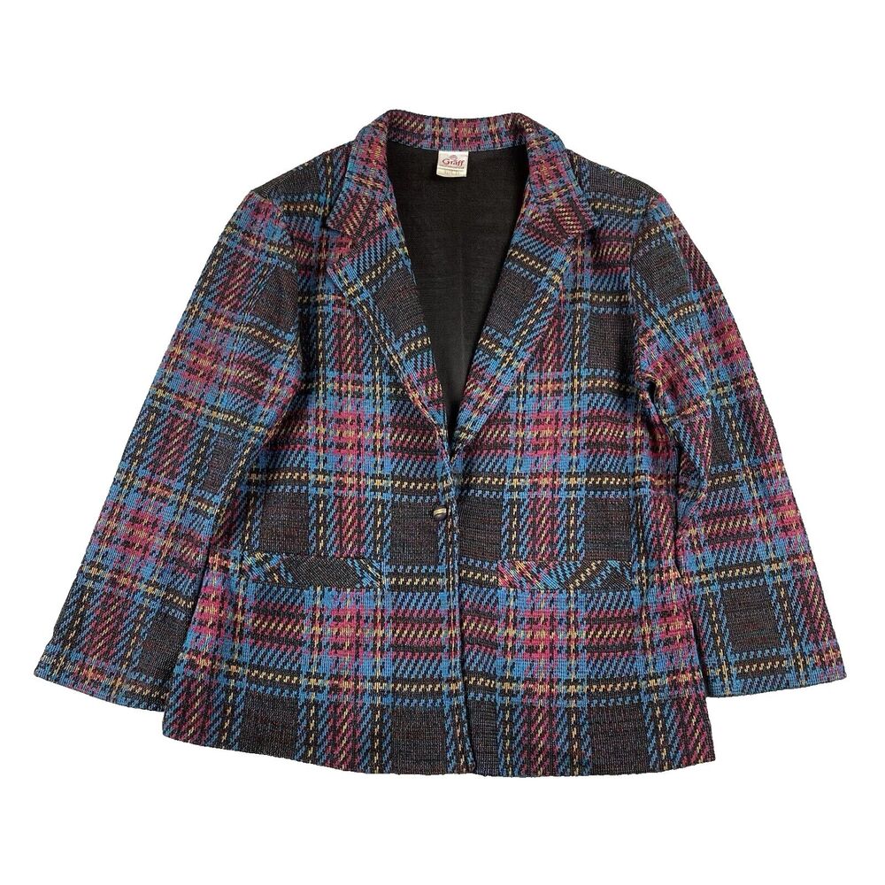 GRAFF Women’s Plaid Blazer Jacket Vintage USA Made Size 12 Multicolor Tweed 90s
